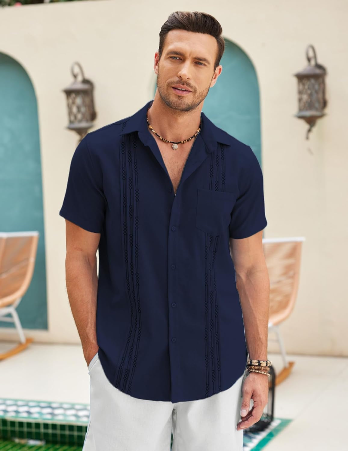 Men’s Short Sleeve Linen Cuban Shirt – Lightweight Guayabera Beach Top (Blue)