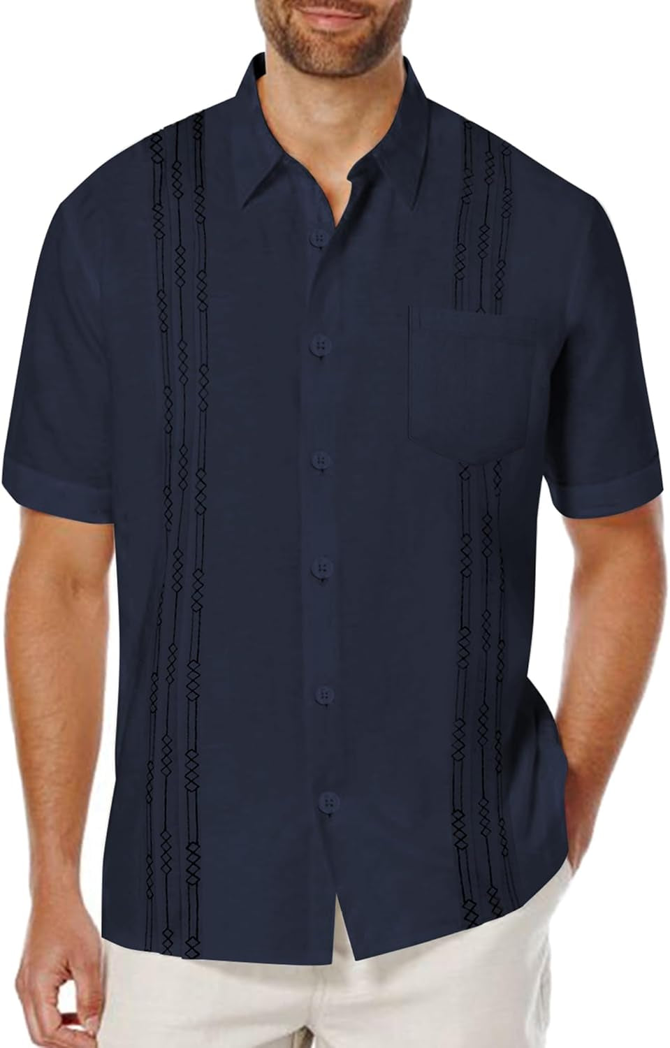 Men’s Short Sleeve Linen Cuban Shirt – Lightweight Guayabera Beach Top (Blue)