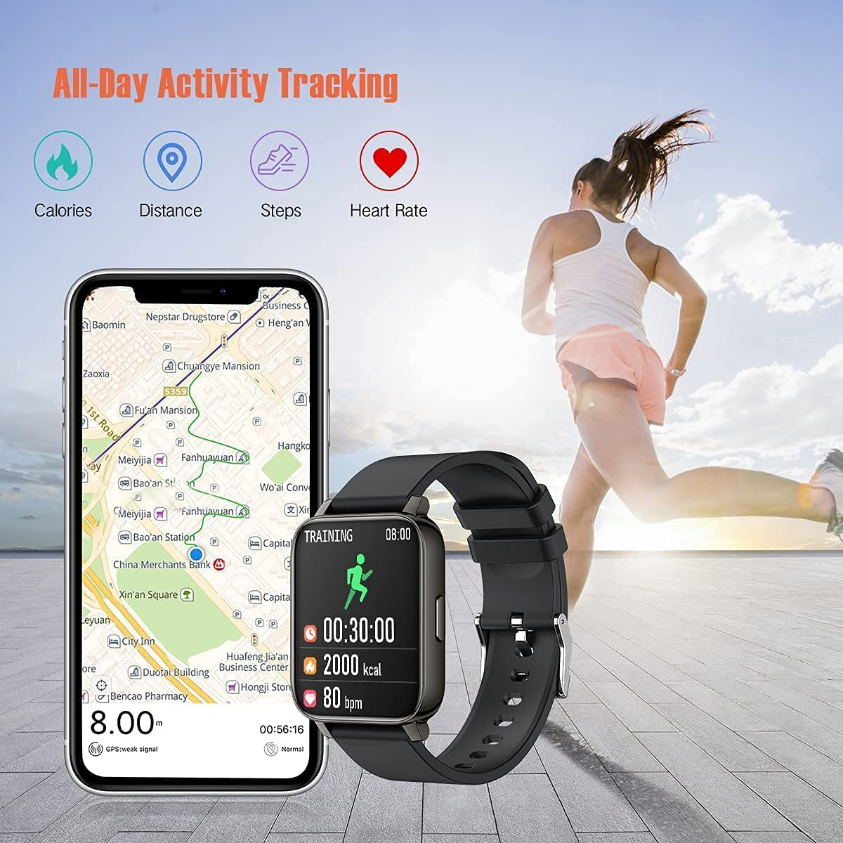 Smart Watch for Android & iOS, 1.69” HD Touchscreen Fitness Tracker with Heart Rate & Blood Pressure Monitor, Pedometer, Running Mode & IP68 Waterproof
